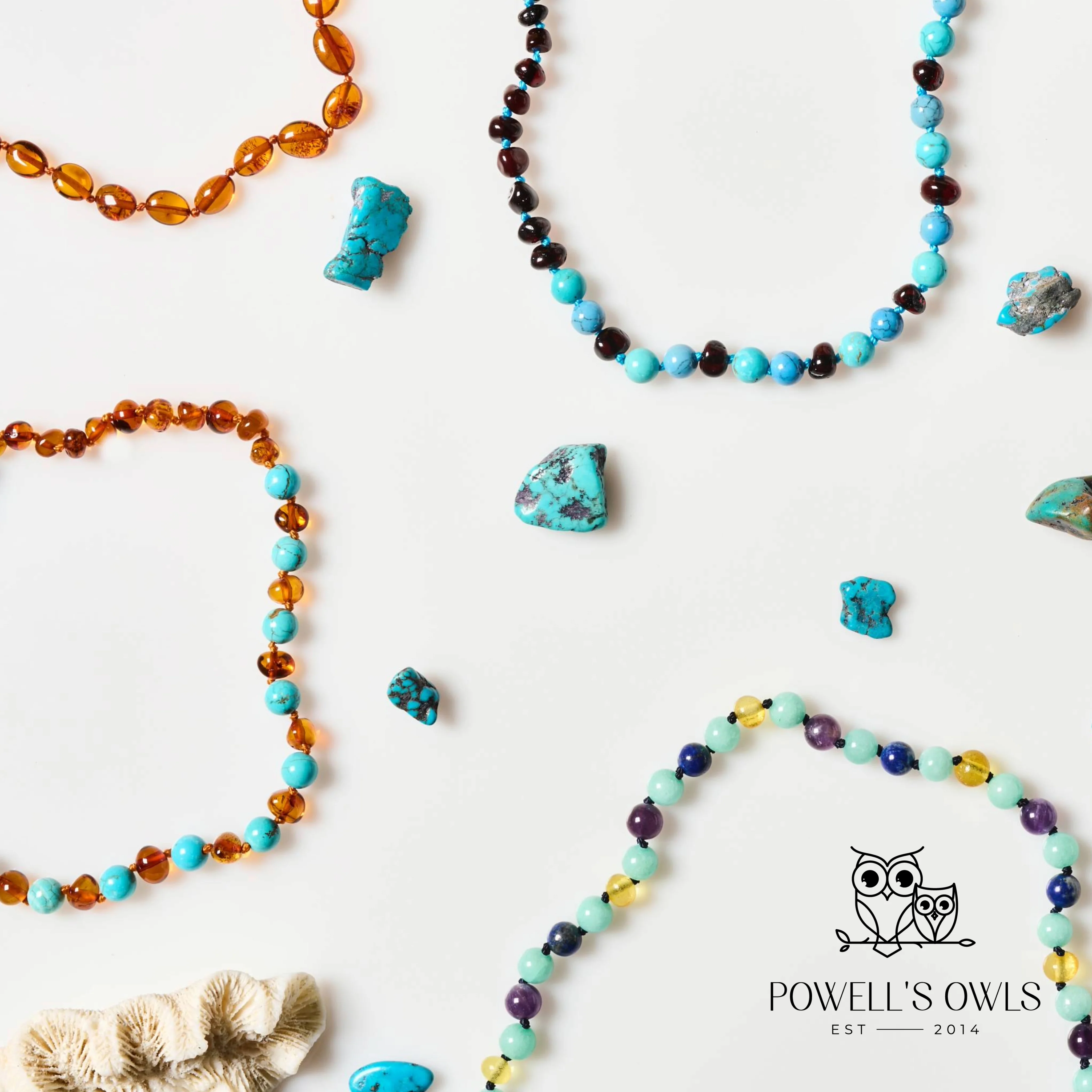 Baltic Amber + Gemstones Necklace - Cherry Amber + Turquoise - Children's - Image 4