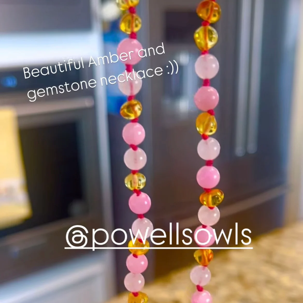 Baltic Amber + Gemstones Necklace - Honey Amber + Rose Quartz + Pink Jade - Children's - Image 3