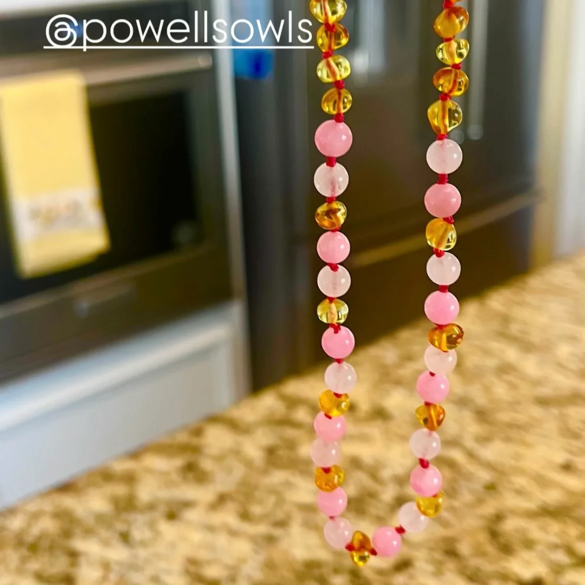 Baltic Amber + Gemstones Necklace - Honey Amber + Rose Quartz + Pink Jade - Children's - Image 4